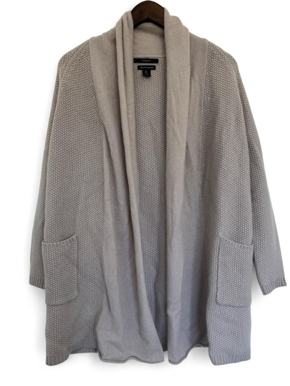 Tahari 100% Cashmere Large Cardigan Light Grey Tan Textured Pattern Quiet Luxury